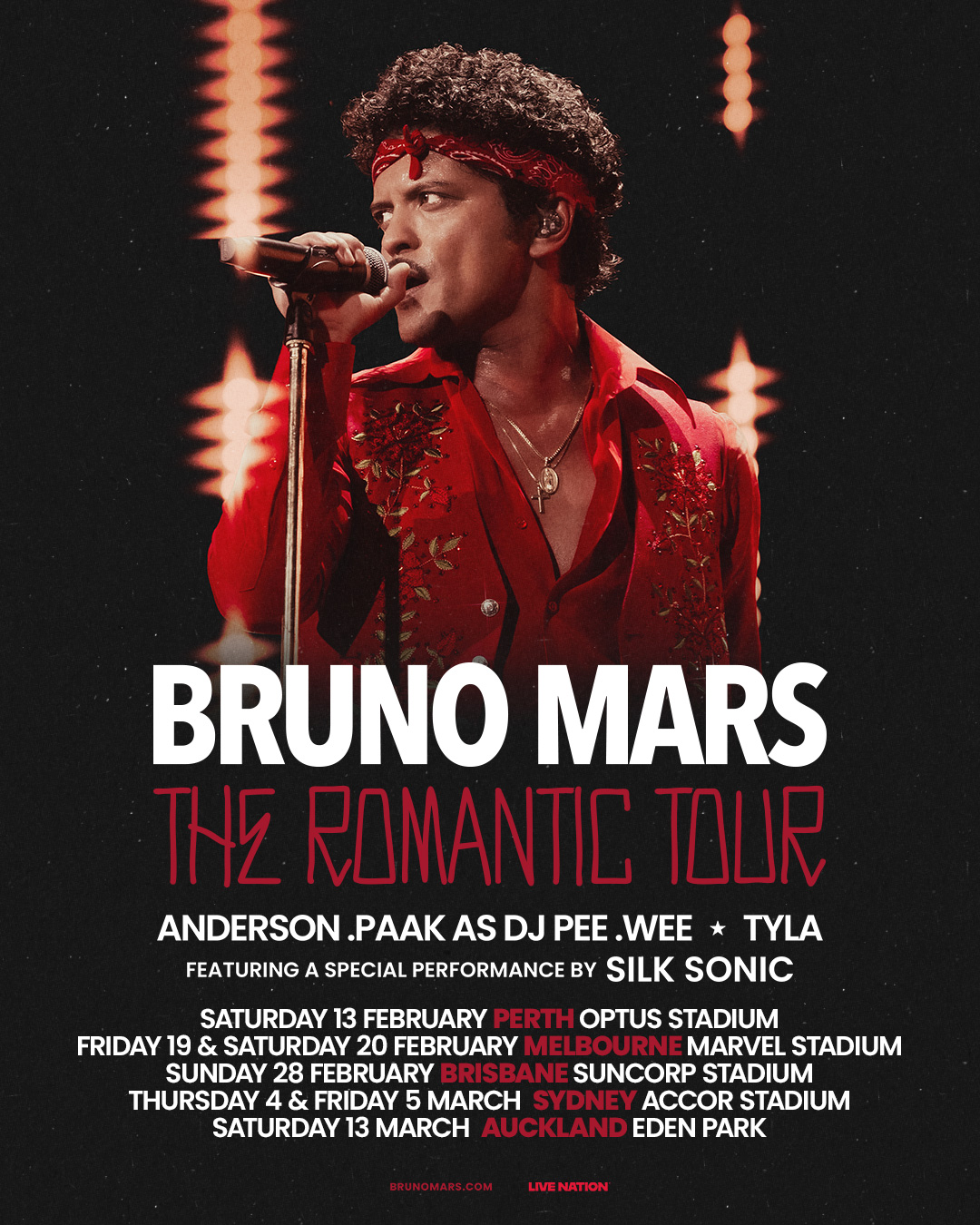 Official concert tour poster for Bruno Mars "The Romantic Tour" featuring Anderson .Paak, Tyla, and Silk Sonic with stadium dates.
